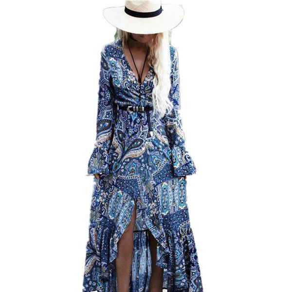 

casual dresses bohemia long dress women floral print chiffon beach summer v-neck ruffle bohemian hippie boho cloth, Black;gray