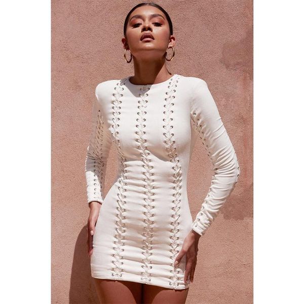 

casual dresses women o-neck bandage dress fashion nightclub party long sleeve white bodycon mini arrival, Black;gray