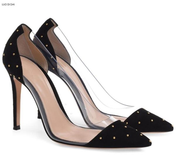 

2021 new arrival women wedding pumps thin heel party shoes beading stud pumps point toe black high heels pvc dress shoes