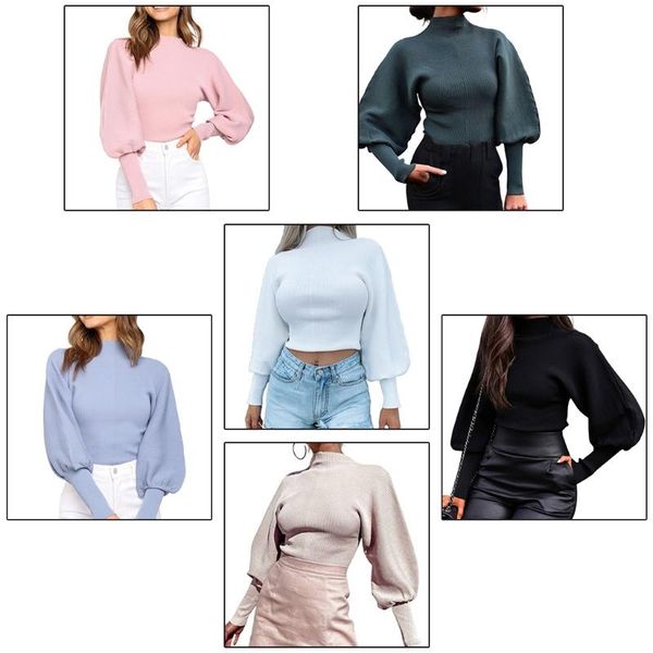 

women autumn vintage long lantern sleeve sweater turtleneck knitted pullover crop solid color casual loose jumper, White;black