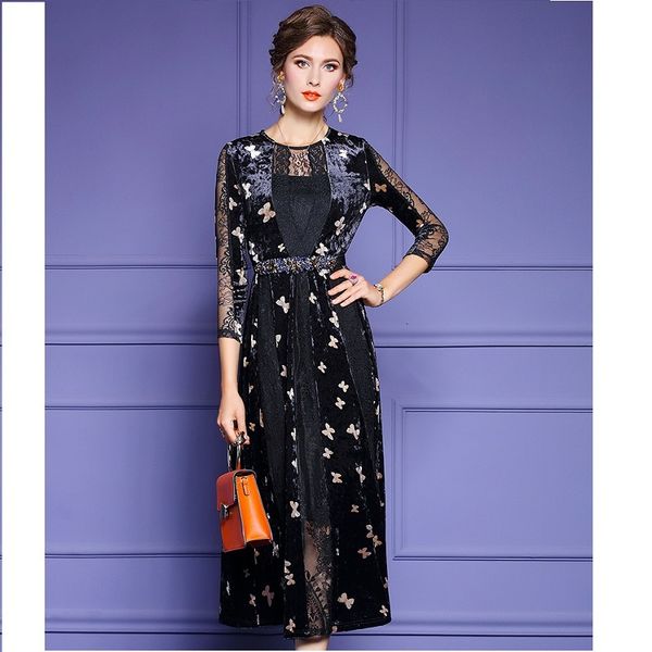 

printing of long golden velvet cut dress feminine spring and autumn o-neck 2021 new waist high line dressed in lace more dtaj, Black;gray