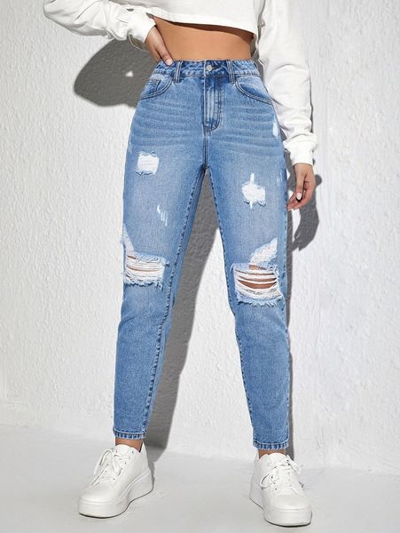 

high waist ripped mom fit jeans f8mr#, Blue
