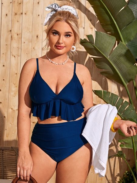 

plus ruffle hem ruched high waisted bikini swimsuit k2do#, Black