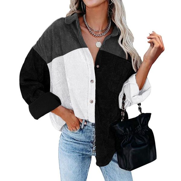

women's jackets women corduroy jacket coat autumn casual lapel single-breasted color blocking blouse loose outerwear chic shirt for fem, Black;brown