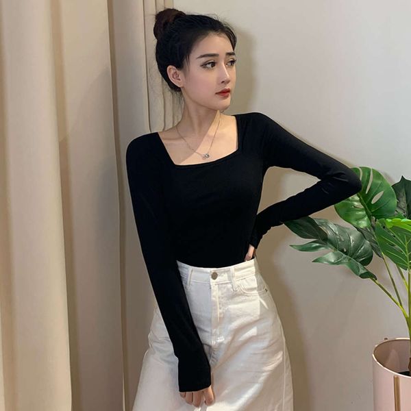 

black square neck base coat with new long sleeve design in spring and autumn 2021 for women, White