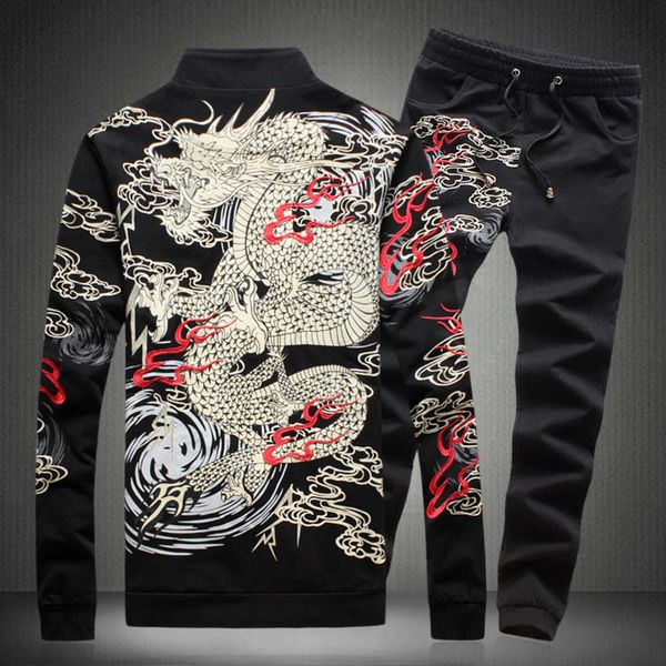 

dragon pattern embroidered coat, sweater, trousers, large autumn chinese style men's printed leisure sports suit, Gray