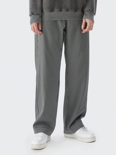 

men plaid buckled detail wide leg pants l06i#, Black