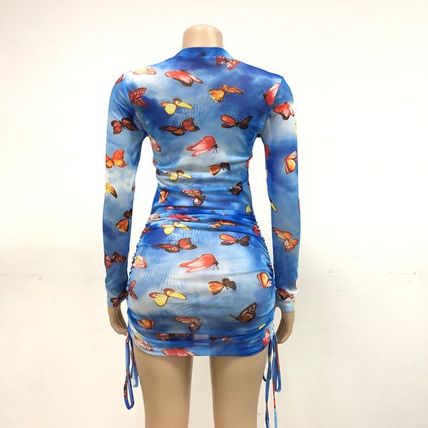 

mesh see through party dress women long sleeve drawstring ruched mini dresses bodycon butterfly print clubwear hot, White;black