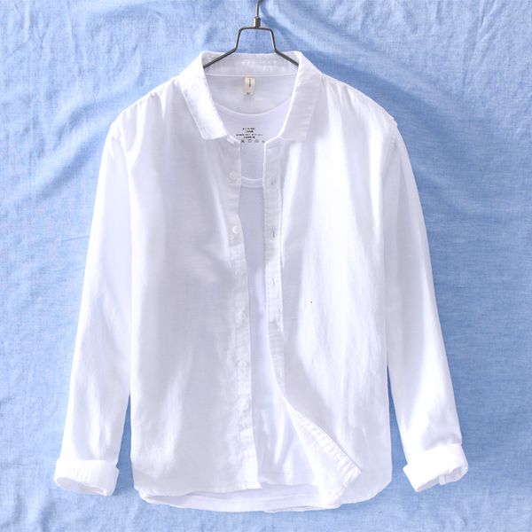 

2021 new brand cotton linen shirts men solid white spring and summer mens fashion square collar shirt male chemise otqm