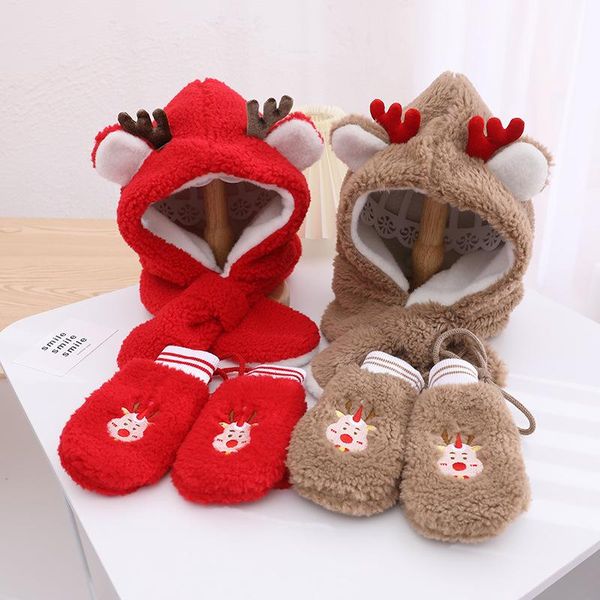 

hats, scarves & gloves sets 2021 winter children cartoon santa hat scarf one hooded antlers private warm three-piece suit cute cap for kids, Blue;gray