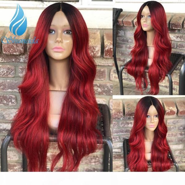 

smd ombre red 13*6 lace front hair wigs 150% density body wave brazilian remy human hair wigs with baby preplucked hairline, Black;brown