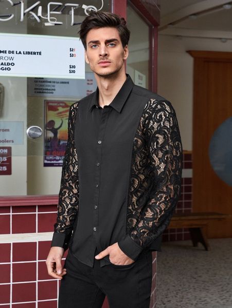 

men 1pc guipure lace insert shirt n1nl#, White;black