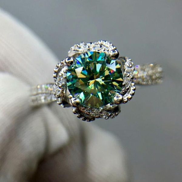 

cluster rings mdina 1 green moissanite diamond flower ring for women 925 sterling silver fine wedding jewelry, Golden;silver