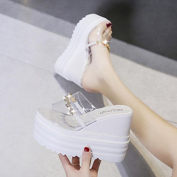 

slippers white slipper women 2021 summer fashion platform sequined slope heel shoes rhinestone transparent wedges slides, Black