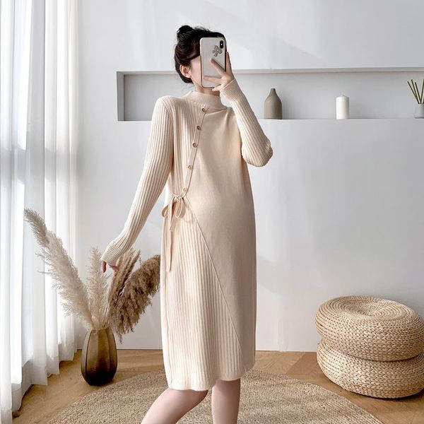 

maternity dresses 2021 autumn winter causal loose turtleneck knitted dress for pregnant women pregnancy clothes, White