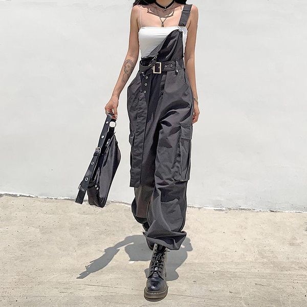 

women's pants & capris houzhou black overalls women cargo vintage streetwear gothic oversize belt dungarees wide leg pocket casual trou, Black;white