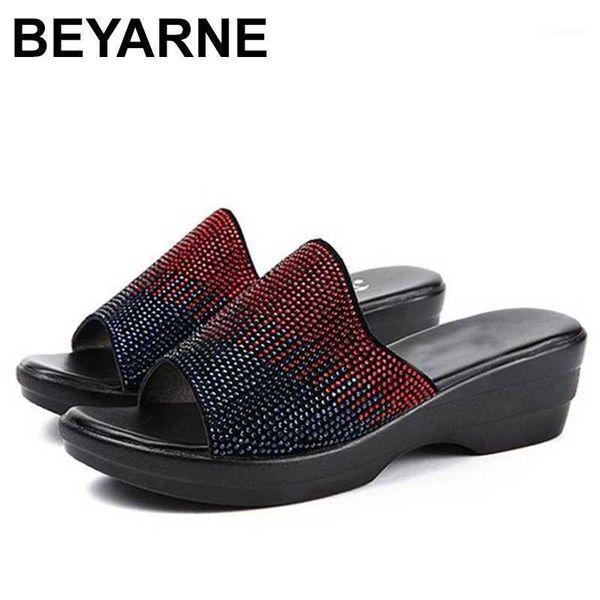 

slippers beyarne woman rhinestones genuine leather summer shoes fashion wedges heels sandals women slides big size 411, Black