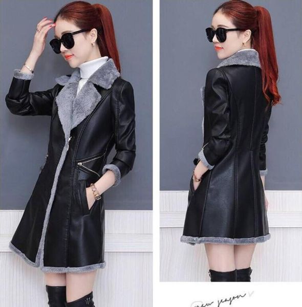 

women's fur & faux 2021 plus velvet thick leather jacket mid-length autumn and winter korean version was thinner one, Black