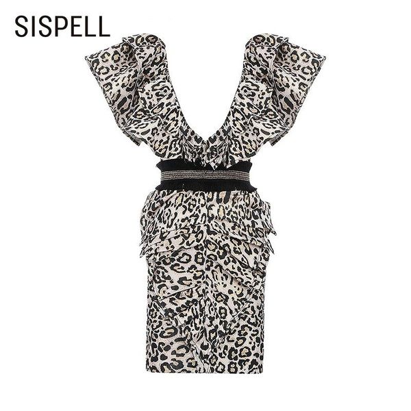 

casual dresses sispell leopard patchwork ruffle for girls deep v neck sleeveless high waist slimming women's dress 2021 autumn, Black;gray