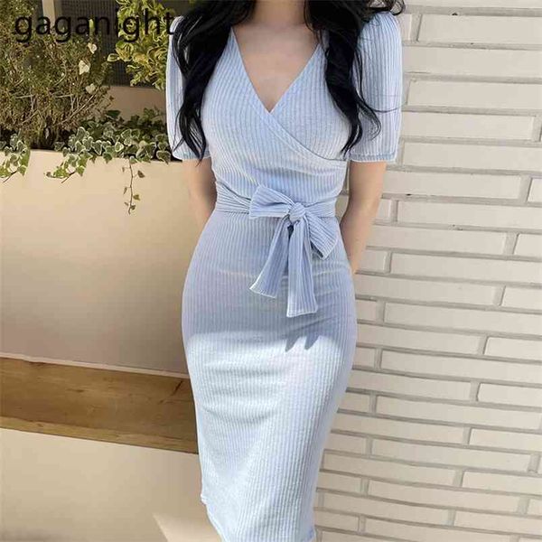 

women summer knitted dress cross v neck slim bodycon long short sleeve bow bandage solid robe 210601, Black;gray