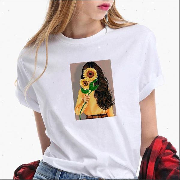 

cotton chrysanthemum flower women t shirt summer short sleeve round neck harajuku printing tee casual fashion female top, White