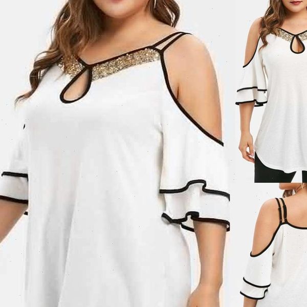 

plus size women sequins neck cold shoulder ruffled sleeve irregular hem blouse irregular hem sequins neck cold shoulder, White