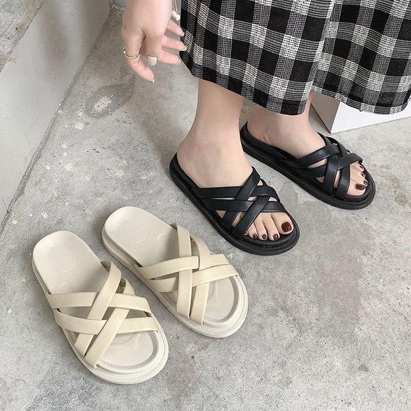 

slippers female shoes house platform low slides women heels 2021 summer flat soft high beach rome pu basic rubber woman 20, Black