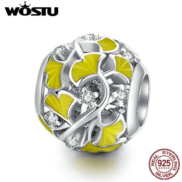 WOSTU GINKGO LEAVEL CHARMS 925 Стерлингового серебра 925 Желтый эмаль желтый CZ Круглый бисер подходит оригинальный браслет ожерелье Джевел; RY CTC334 Q0531