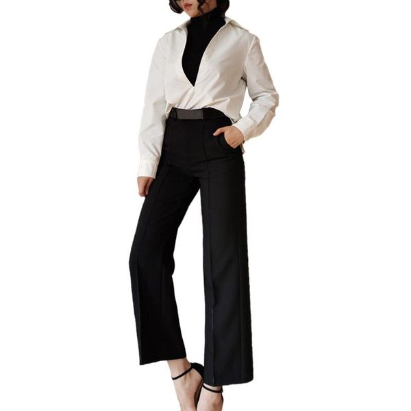 

women's pants & capris trousers, type bottoms high waist straight tube reverse hem crotch zipper suit, Black;white