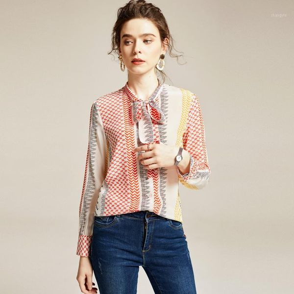 

geometric print blusas femininas elegante 2020 early spring 100% natural silk blouse women office lady woman clothes 1, White