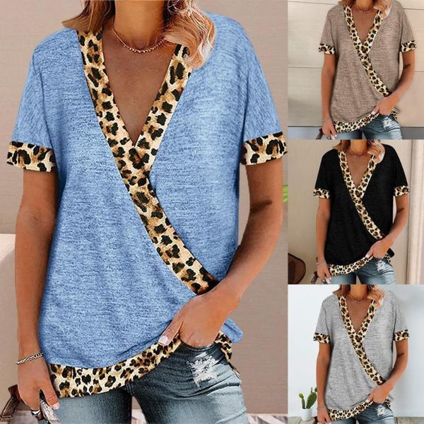 T-Shirt da donna 2021 Moda donna Leopard Patchwork Ladies Profondo scollo a V Magliette Allentato Chic Top Abbigliamento femminile