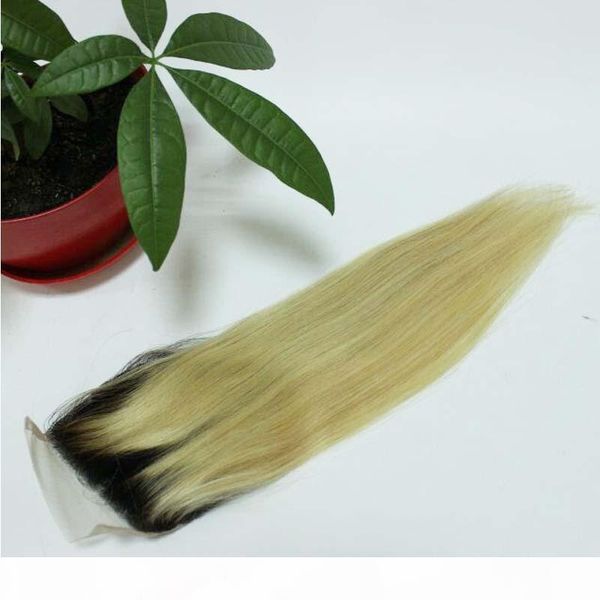 

ombre blonde human hair straight body wave lace closure 1b 613 lace closure human hair closure 4x4inch bleached knots with baby hair, Black;brown