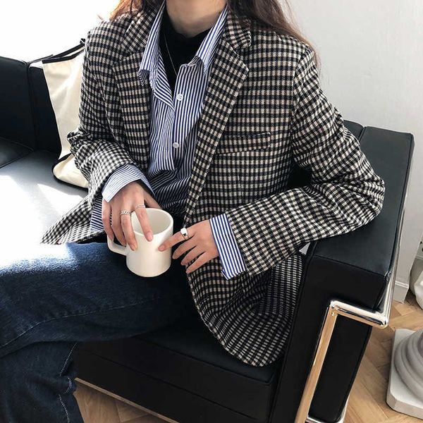 

plaid blazer women's spring autumn korean-pockets long sleeve work suit retro casual jacket 8013 210607, White