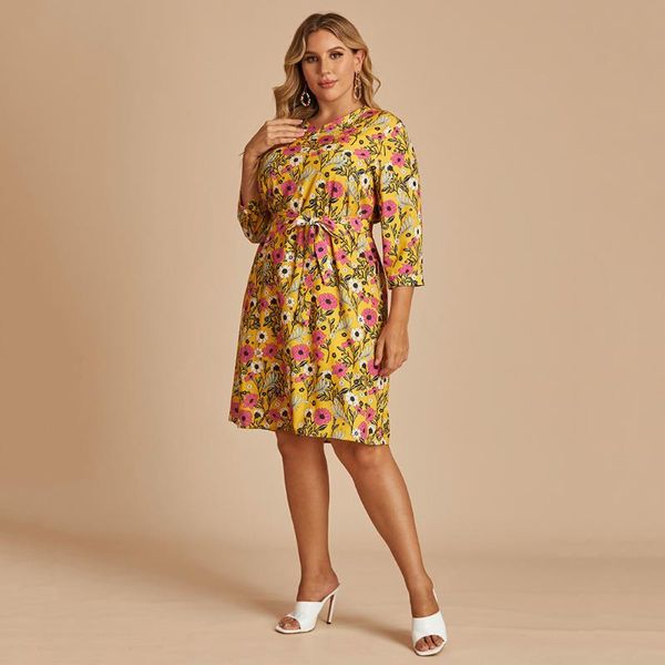 

casual dresses xl to 4xl plus size v-neck floral printed lace-up high waist three quarter sleeve mini party dress for women t9547, Black;gray