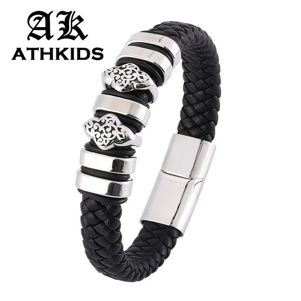 

trendy black braided leather bracelet men stainless steel accessories magnetic clasp woven bracelets male jewelry gifts pd0343, Golden;silver