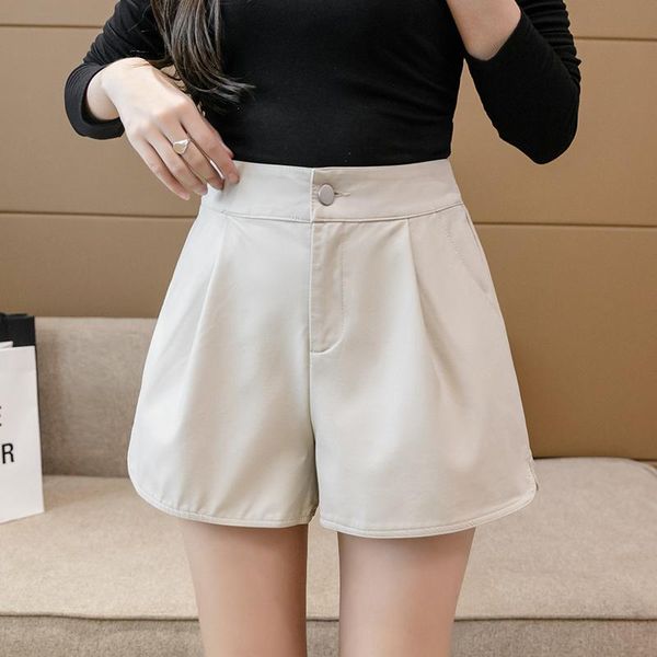 

women's shorts leather 2021 autumn winter high waist a-line wide leg women fashion pu streetwear casual femme bottoms, White;black