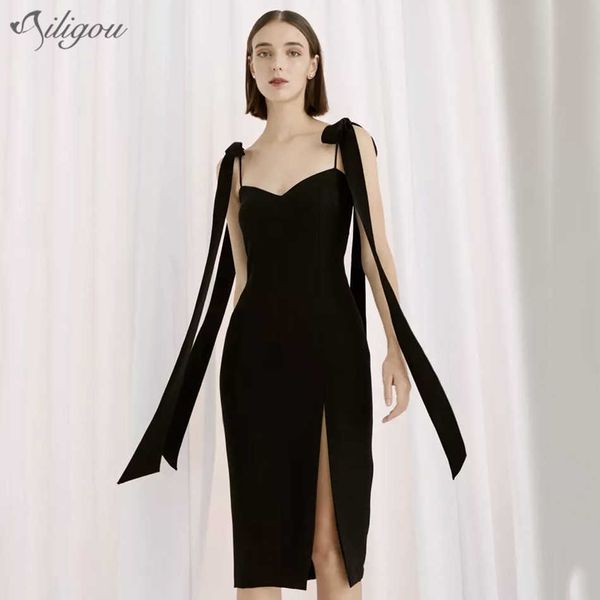 

summer style black ladies tight bodycon sleeveless spaghetti belt midi bow celebrity club bandage dress 210527, Black;gray