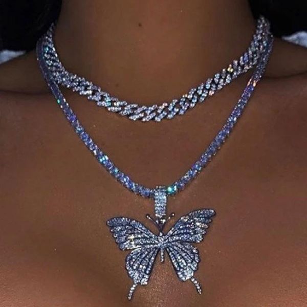 

chains 2pcs/set luxury shiny chunky rhinestone choker necklace hip hop bling crystal butterfly pendant nightclub party jewelry, Silver