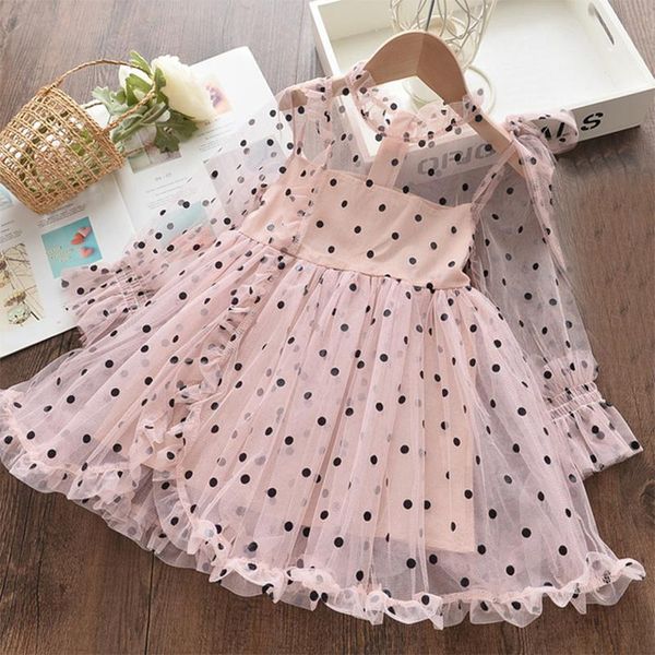 

girl's dresses 2021 spring girls polka dot fashion kids long sleeve cute mesh outfits princess dress sweet clothing 2-6 y, Red;yellow