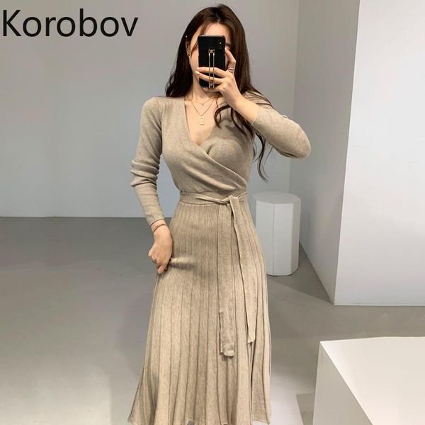 

casual dresses korobov korean chic v neck knitted slim women vintage solid lacing bow high waist vestidos a-line pleasted dress 79488, Black;gray