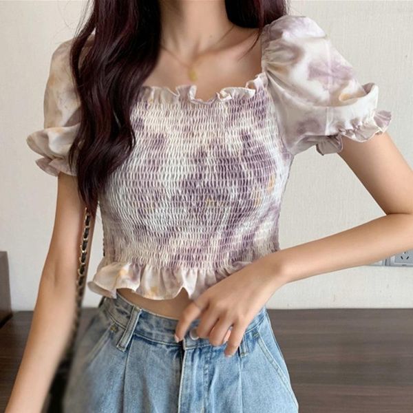 

women's blouses & shirts women puff sleeve ruched ladies short floral print shirt vintage slim ruffle elegant, White