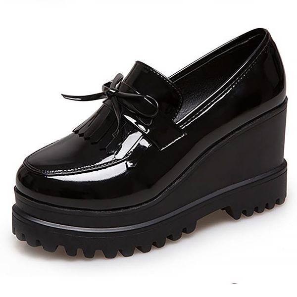 

boots wedge heel women's shoes 2021 spring round toe thick-soled high heels bright leather black patent retro ankle