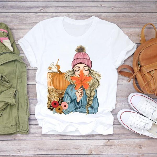 

women autumn pumpkin girl cartoon fall thanksgiving halloween print lady womens graphic t t-shirts shirt female tee t-shirt, White