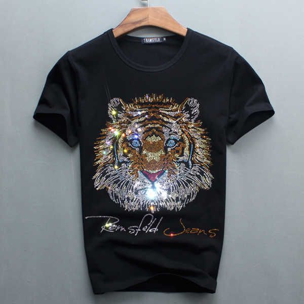 

w0651 tiger head t-shirt large size round neck t-shirt slim summer new short sleeve drill, White;black
