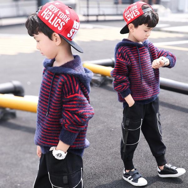 

pullover children fashion hooded knitted sweatshirt kids boys thick warm stripe sweater teen autumn winter bottoming shirt, Blue