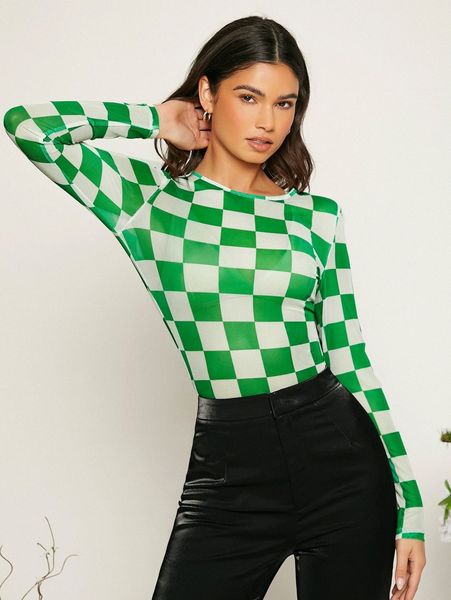 

checked print sheer mesh without bra i5nx#, White