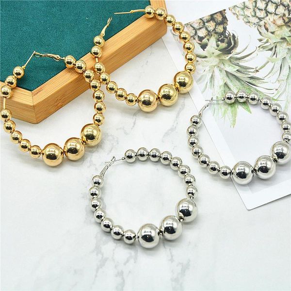 

hoop & huggie trendy oversize gold color beaded earrings for women vintage beads big circle fashion statement brincos jewelry, Golden;silver
