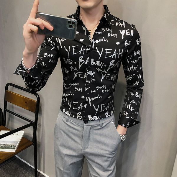 

letter printed men's shirts with long sleeves streetwear casual social shirt graduation tuxedo man's blouse for hombre jm3q, White;black