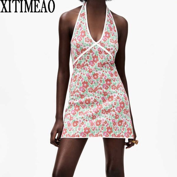 

za suspenders v neck low chest open back side retro floral print knittingmini dress suspender party skirt women xitimea 210602, Black;gray