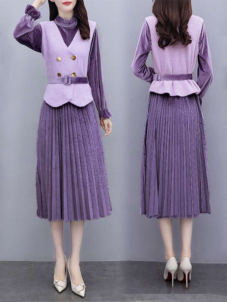 

autumn and winter long sleeve velvet dress set for women, Black;gray